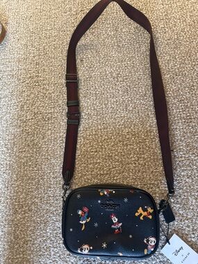 Coach Black Pebbled Leather Crossbody with Disney Characters and Burgundy Strap